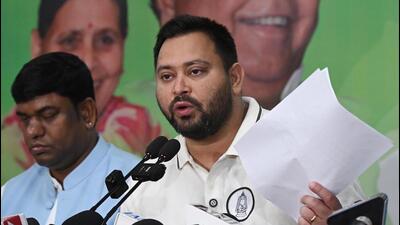 RJD leader Tejashwi Yadav addressing a press conference Patna on Sunday. (Santosh Kumar/ Hindustan Times) RJD leader Tejashwi Yadav addressing a press conference Patna on Sunday. (Santosh Kumar/ Hindustan Times)