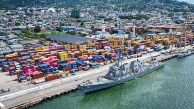 Aerial view of the USS Gravely warship docked in the port of Port of Spain on October 26, 2025. (AFP) Aerial view of the USS Gravely warship docked in the port of Port of Spain on October 26, 2025. (AFP)