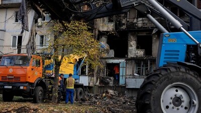 Rescuers work as they search a damaged residential building following a drone attack in Kyiv this week. (AFP) Rescuers work as they search a damaged residential building following a drone attack in Kyiv this week. (AFP)