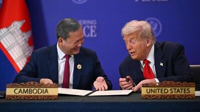 US President Donald Trump with Cambodia's PM Hun Manet during a ceremonial signing of a ceasefire agreement between Cambodia and Thailand. (AFP) US President Donald Trump with Cambodia's PM Hun Manet during a ceremonial signing of a ceasefire agreement between Cambodia and Thailand. (AFP)