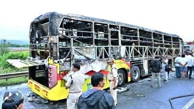 19 people were charred to death after a bus caught fire following a collision with a two-wheeler near the Chinna Tekur village, in Kurnool on Friday. (ANI)