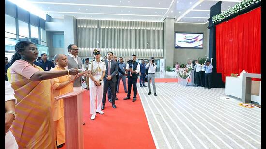 President Droupadi Murmu, UP CM Yogi Adityanath and deputy CM Brajesh Pathak and others at the inauguration of a private hospital in Ghaziabad on Sunday. (Sourced)