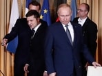 Russian President Vladimir Putin, right, and Ukrainian President Volodymyr Zelenskyy at the Elysee Palace, Dec. 9, 2019, in Paris.(AP / File) Russian President Vladimir Putin, right, and Ukrainian President Volodymyr Zelenskyy at the Elysee Palace, Dec. 9, 2019, in Paris.(AP / File)