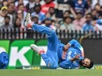 Shreyas Iyer falls on the ground after taking a catch to dismiss Alex Carey. Shreyas Iyer falls on the ground after taking a catch to dismiss Alex Carey.