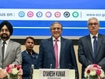 Chief Election Commissioner Gyanesh Kumar, along with Election Commissioners Sukhbir Singh Sandhu and Vivek Joshi, during a press conference in New Delhi on October 27. 