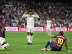 Real Madrid's English midfielder Jude Bellingham reacts during the La Liga match between Real Madrid CF and FC Barcelona at Santiago Bernabeu Stadium. Real Madrid's English midfielder Jude Bellingham reacts during the La Liga match between Real Madrid CF and FC Barcelona at Santiago Bernabeu Stadium.