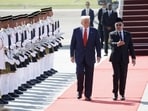 President Trump after his arrival in Malaysia with Prime Minister Anwar Ibrahim.