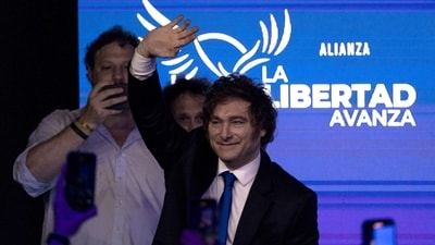 Javier Milei, Argentina's president, during a Libertad Avanza election night rally in Buenos Aires, Argentina, on Sunday. (Bloomberg) Javier Milei, Argentina's president, during a Libertad Avanza election night rally in Buenos Aires, Argentina, on Sunday. (Bloomberg)