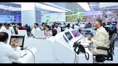 Andhra Pradesh CM N Chandrababu Naidu at the command centre monitoring the progress of Cyclone Montha. (ANI) Andhra Pradesh CM N Chandrababu Naidu at the command centre monitoring the progress of Cyclone Montha. (ANI)