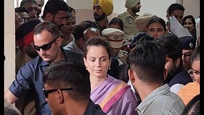 BJP MP and film actor Kangana Ranaut coming out of the Bathinda court on Monday. (Sanjeev Kumar/HT) BJP MP and film actor Kangana Ranaut coming out of the Bathinda court on Monday. (Sanjeev Kumar/HT)