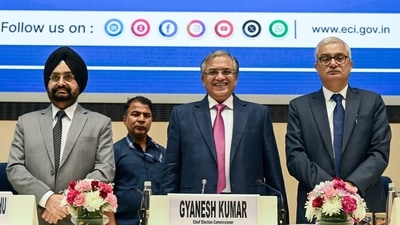Chief Election Commissioner Gyanesh Kumar, along with Election Commissioners Sukhbir Singh Sandhu and Vivek Joshi, during a press conference in New Delhi on October 27. (ANI) Chief Election Commissioner Gyanesh Kumar, along with Election Commissioners Sukhbir Singh Sandhu and Vivek Joshi, during a press conference in New Delhi on October 27. (ANI)