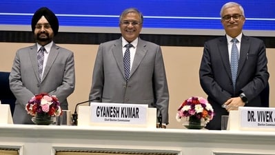 Chief Election Commissioner Gyanesh Kumar, along with Election Commissioners Sukhbir Singh Sandhu and Vivek Joshi, during a press conference. (ANI) Chief Election Commissioner Gyanesh Kumar, along with Election Commissioners Sukhbir Singh Sandhu and Vivek Joshi, during a press conference. (ANI)