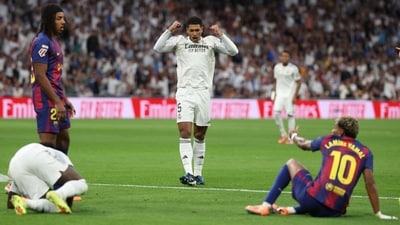 Real Madrid's English midfielder Jude Bellingham reacts during the La Liga match between Real Madrid CF and FC Barcelona at Santiago Bernabeu Stadium. (AFP) Real Madrid's English midfielder Jude Bellingham reacts during the La Liga match between Real Madrid CF and FC Barcelona at Santiago Bernabeu Stadium. (AFP)
