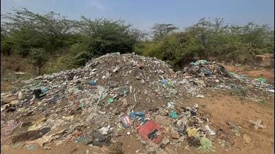 Illegally dumped garbage near the Sohna-Tauru stretch of the Aravalli region near Jalalpur village as of May 2025. (Parveen Kumar/HT) Illegally dumped garbage near the Sohna-Tauru stretch of the Aravalli region near Jalalpur village as of May 2025. (Parveen Kumar/HT)