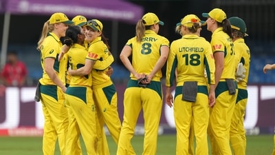 Australia's Alana King, second left, celebrates the wicket of Nadine de Klerk during the Women's World Cup match between Australia and South Africa in Indore (AP) Australia's Alana King, second left, celebrates the wicket of Nadine de Klerk during the Women's World Cup match between Australia and South Africa in Indore (AP)