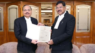 Justice Surya Kant (left) with Chief Justice of India BR Gavai in New Delhi on Monday. (HT Photo) Justice Surya Kant (left) with Chief Justice of India BR Gavai in New Delhi on Monday. (HT Photo)