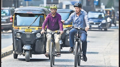 Mumbai, India. Oct 20, 2025 - Greet Kloppenberg, a Dutch urban mobility expert, and Vijay Malhotra, founder of Pedal and Tring Tring, pose during their interview with Hindustan Times in Mumbai. Mumbai, India. Oct 20, 2025. (Photo by Raju Shinde/HT Photo) (Raju Shinde) Mumbai, India. Oct 20, 2025 - Greet Kloppenberg, a Dutch urban mobility expert, and Vijay Malhotra, founder of Pedal and Tring Tring, pose during their interview with Hindustan Times in Mumbai. Mumbai, India. Oct 20, 2025. (Photo by Raju Shinde/HT Photo) (Raju Shinde)