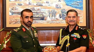 Gen Yousef Maayouf Saeed Al Hallami was accorded a ceremonial welcome and received a detailed briefing on Operation Sindoor. (@adgpi/X via PTI Photo) Gen Yousef Maayouf Saeed Al Hallami was accorded a ceremonial welcome and received a detailed briefing on Operation Sindoor. (@adgpi/X via PTI Photo)