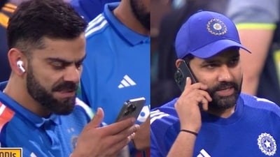 Rohit Sharma on a voice call and Virat Kohli on a video call using older iPhone Pro Max models after ODI match against Australia. (JioHotstar)