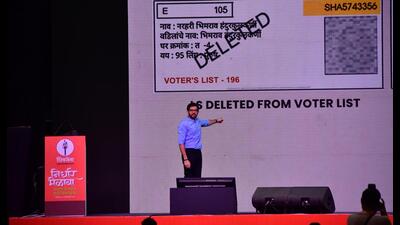 Shiv Sena (UBT) leader Aaditya Thackeray addressing the Nirdhar rally at the NSCI Dome in Worli. (Photo by Bhushan Koyande/HT Photo) Shiv Sena (UBT) leader Aaditya Thackeray addressing the Nirdhar rally at the NSCI Dome in Worli. (Photo by Bhushan Koyande/HT Photo)