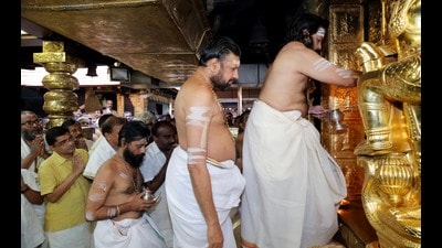 The sanctum sanctorum, housing the chief deity, including the ‘dwarapalakas’ was gold-plated back in 1999 as part of donation by then UB Group chairman and industrialist Vijay Mallya. (ANI) The sanctum sanctorum, housing the chief deity, including the ‘dwarapalakas’ was gold-plated back in 1999 as part of donation by then UB Group chairman and industrialist Vijay Mallya. (ANI)