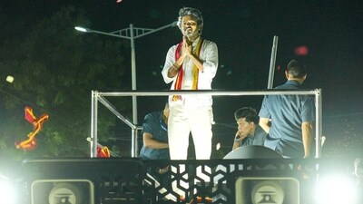 TVK president Vijay during the September 27 rally in Karur where a stampede killed 41 people. (Photo: X/@TVKHQITWingOffl) TVK president Vijay during the September 27 rally in Karur where a stampede killed 41 people. (Photo: X/@TVKHQITWingOffl)