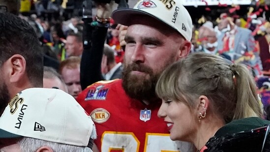 Travis Kelce and Taylor Swift embrace as they celebrate the Chiefs winning Super Bowl LVIII against the San Francisco 49ers (AFP)