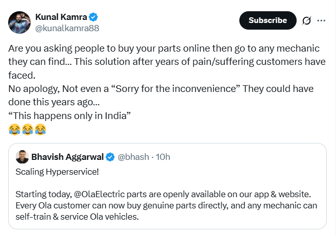 Comedian Kunal Kamra's post on X. (X) Comedian Kunal Kamra's post on X. (X)