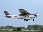 In this photo shared by Indian Institute of Technology, a plane takes off from Kanpur for New Delhi for a cloud seeding trial to combat air pollution in the capital, India, Tuesday, Oct. 28, 2025. (Indian Institute of Technology, Kanpur, via AP)