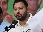 RJD leader Tejashwi Yadav addressing a press conference Patna on Sunday. (Santosh Kumar/ Hindustan Times)
