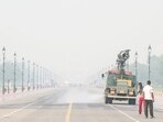 Smog Gun spray water to control pollution level at Kartavya Path, in New Delhi Smog Gun spray water to control pollution level at Kartavya Path, in New Delhi