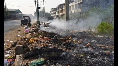 A heap of garbage burning at vegetable market on Bahadur K Road in Ludhiana on Tuesday. (Gurpreet Singh/HT)