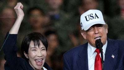 Donald Trump speaks alongside Japanese Prime Minister Sanae Takaichi at the US Navy's Yokosuka base in Japan. (REUTERS)