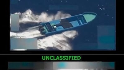 This combination of screen grabs images from a video posted by US Defense Secretary Pete Hegseth on his X account on October 22, 2025, shows what Hegseth says is US military forces conducting a strike on a vessel being operated by a "designated terrorist organization conducting narco-trafficking" in the Eastern Pacific Ocean on October 21, 2025. (AFP) This combination of screen grabs images from a video posted by US Defense Secretary Pete Hegseth on his X account on October 22, 2025, shows what Hegseth says is US military forces conducting a strike on a vessel being operated by a "designated terrorist organization conducting narco-trafficking" in the Eastern Pacific Ocean on October 21, 2025. (AFP)