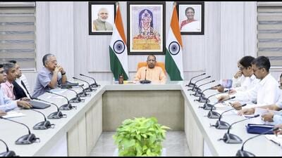 Chief minister Yogi Adityanath reviews the progress of development works under the GIS-based Ayodhya Master Plan 2031, being implemented by the Ayodhya Development Authority during a meeting, in Lucknow. (Handout via PTI Photo) Chief minister Yogi Adityanath reviews the progress of development works under the GIS-based Ayodhya Master Plan 2031, being implemented by the Ayodhya Development Authority during a meeting, in Lucknow. (Handout via PTI Photo)