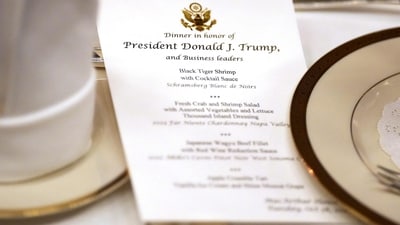  Detail of the dinner menu during a meeting between U.S. President Donald Trump and business leaders at the U.S. Ambassador's Residence on October 28, 2025 in Tokyo, Japan. (Getty Images via AFP) Detail of the dinner menu during a meeting between U.S. President Donald Trump and business leaders at the U.S. Ambassador's Residence on October 28, 2025 in Tokyo, Japan. (Getty Images via AFP)