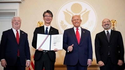 U.S. Ambassador to Japan George Glass, Toshiba CEO Taro Shimada, U.S. President Donald Trump and Secretary of Commerce Howard Lutnick pose for photos after the signing of memorandums of understanding during a meeting with business leaders at the U.S. Ambassador's Residence on October 28, 2025 in Tokyo, Japan. (Getty Images via AFP) U.S. Ambassador to Japan George Glass, Toshiba CEO Taro Shimada, U.S. President Donald Trump and Secretary of Commerce Howard Lutnick pose for photos after the signing of memorandums of understanding during a meeting with business leaders at the U.S. Ambassador's Residence on October 28, 2025 in Tokyo, Japan. (Getty Images via AFP)