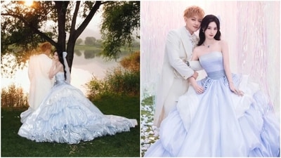 She also sported a periwinkle strapless gown – the edges of the skirt and train were adorned with elaborate, three-dimensional and densely packed layers of fabric. She also sported a periwinkle strapless gown – the edges of the skirt and train were adorned with elaborate, three-dimensional and densely packed layers of fabric.
