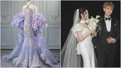 She also wore an ombre purple gown and a white satin gown for the wedding festivities. Both gowns cinched tightly at the waist. She also wore an ombre purple gown and a white satin gown for the wedding festivities. Both gowns cinched tightly at the waist.