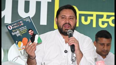 RJD leader Tejashwi Yadav at a joint press conference of Grand Alliance for the Bihar Assembly Elections 2025 in Patna on Tuesday. (Santosh Kumar/HT PHOTO) RJD leader Tejashwi Yadav at a joint press conference of Grand Alliance for the Bihar Assembly Elections 2025 in Patna on Tuesday. (Santosh Kumar/HT PHOTO)