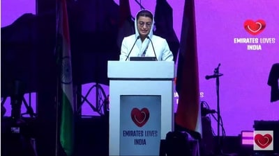 Al Kaabi's Hindi moment prompted a euphoric reaction from the crowd. (X/@IndembAbuDhabi) Al Kaabi's Hindi moment prompted a euphoric reaction from the crowd. (X/@IndembAbuDhabi)