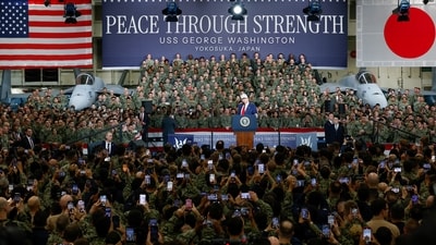 Trump makes a speech on the aircraft carrier USS George Washington during his visit to the U.S. Navy's Yokosuka base in Yokosuka, Japan, October 28, 2025. REUTERS/Kim Kyung-Hoon (REUTERS)