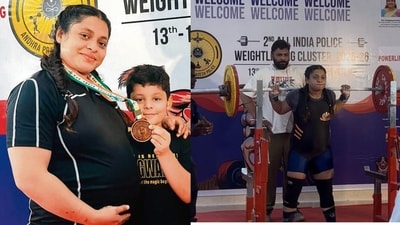 Sonika Yadav (pictured with her son) post her bronze medal win.
