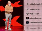 Adobe CEO Shantanu Narayen shares his vision for the AI era, and (right) first glimpse at an upcoming connector for Express and Photoshop within ChatGPT. (Vishal Mathur/ HT Photo)