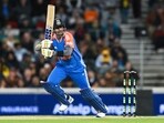 Suryakumar Yadav of India bats during the T20 cricket international between India and Australia in Canberra, Australia, Wednesday, Oct. 29, 2025. (Lukas Coch/AAPImage via AP)