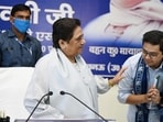 Bahujan Samaj Party chief Mayawati and the party’s national convenor Akash Anand at a meeting in Lucknow on Wednesday. (HT PHOTO)