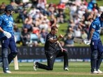 New Zealand's Blair Tickner celebrates a wicket during the second one-day international (ODI) cricket match between New Zealand and England