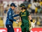 South Africa's captain Laura Wolvaardt (R) is congratulated by England's Sophie Ecclestone for scoring 169 runs. South Africa's captain Laura Wolvaardt (R) is congratulated by England's Sophie Ecclestone for scoring 169 runs.