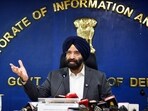 Delhi cabinet minister Manjinder Singh Sirsa during the press conference at the secretariat, in New Delhi on Tuesday. Delhi cabinet minister Manjinder Singh Sirsa during the press conference at the secretariat, in New Delhi on Tuesday.