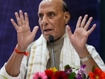 Union Defense minister Rajnath Singh addresses the gathering.